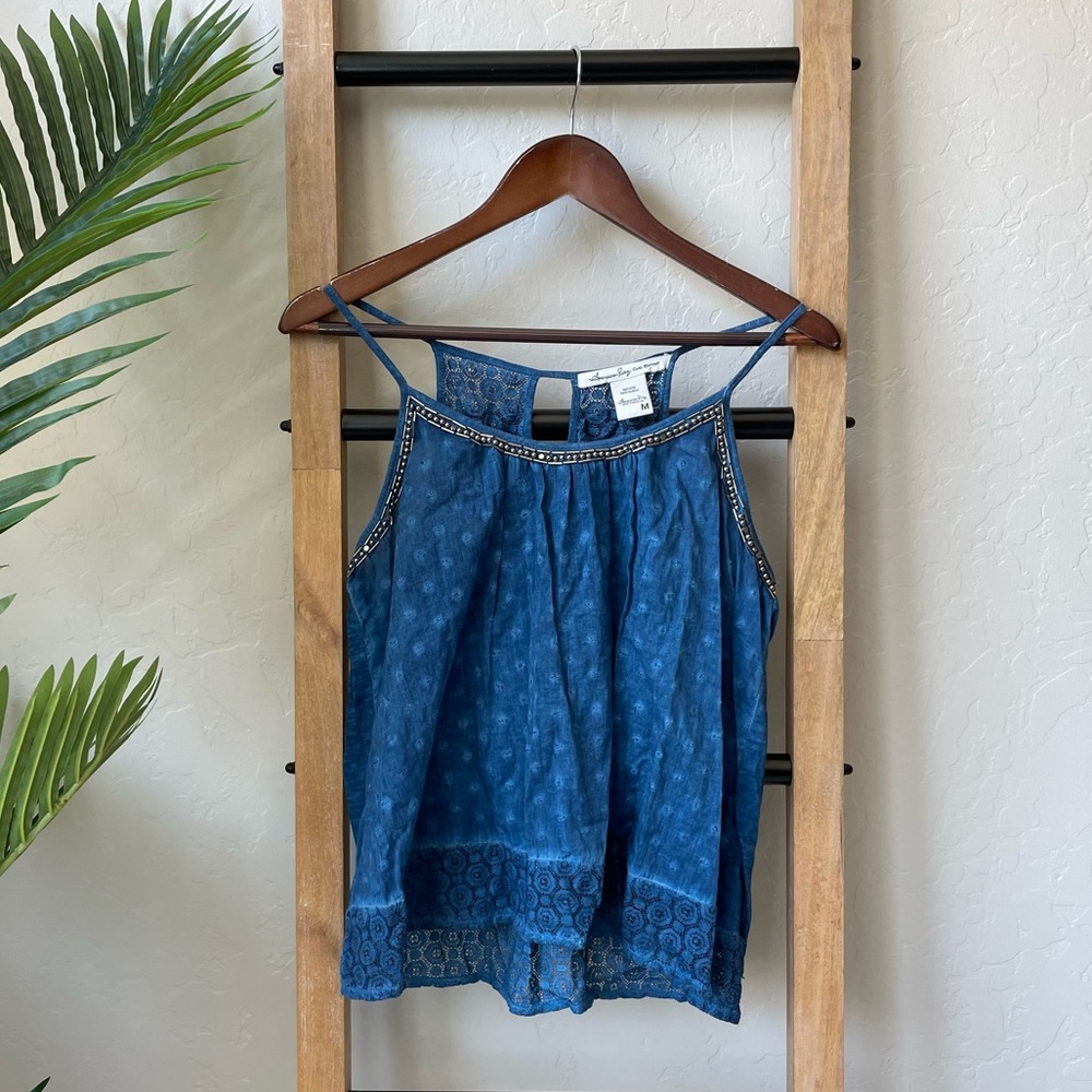 American Rag Blue Boho Babydoll Mixed Print Beaded Tank Top
